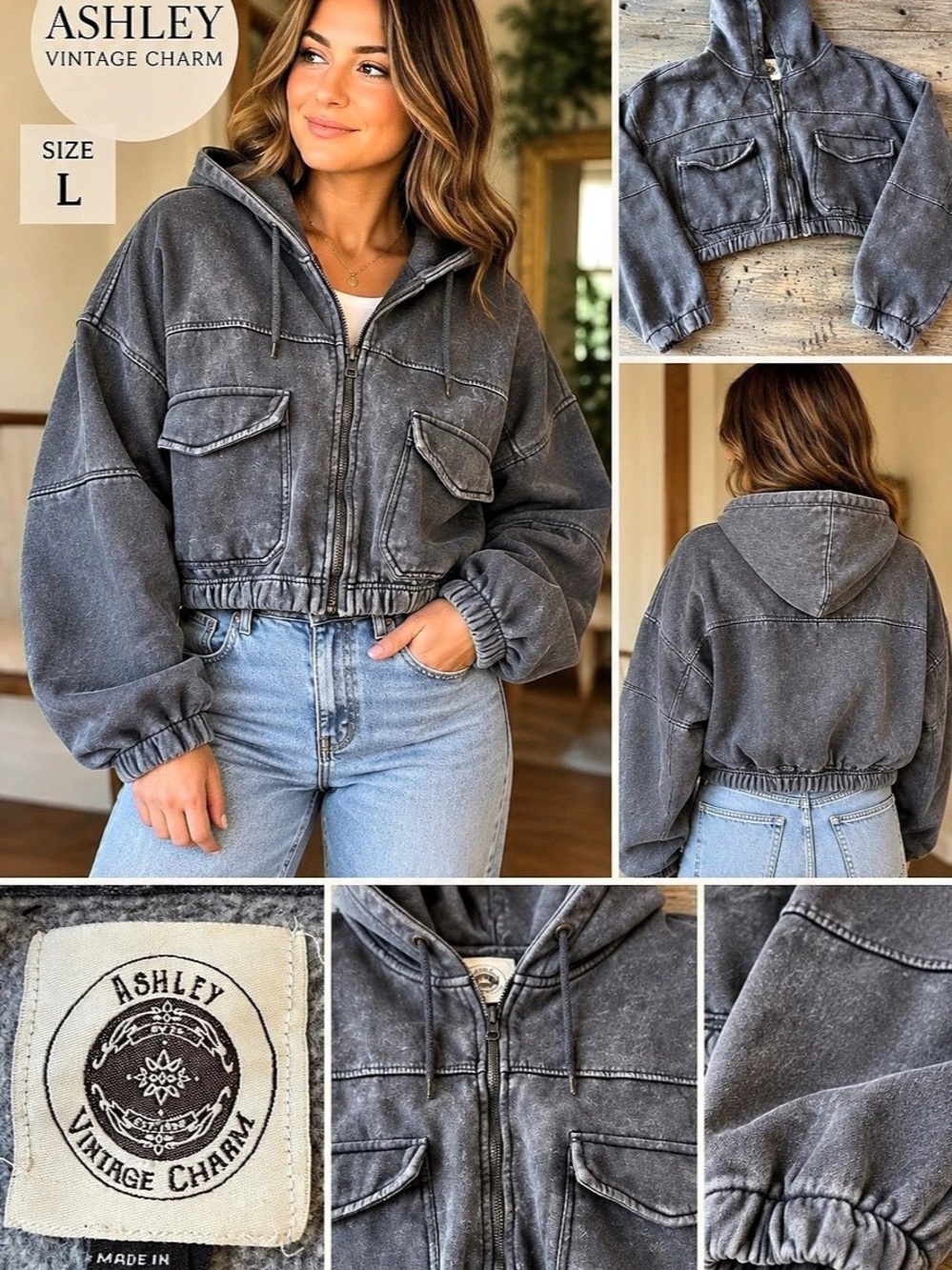 Ashley Vintage Charm Cropped Utility Jacket in Gray Size Large